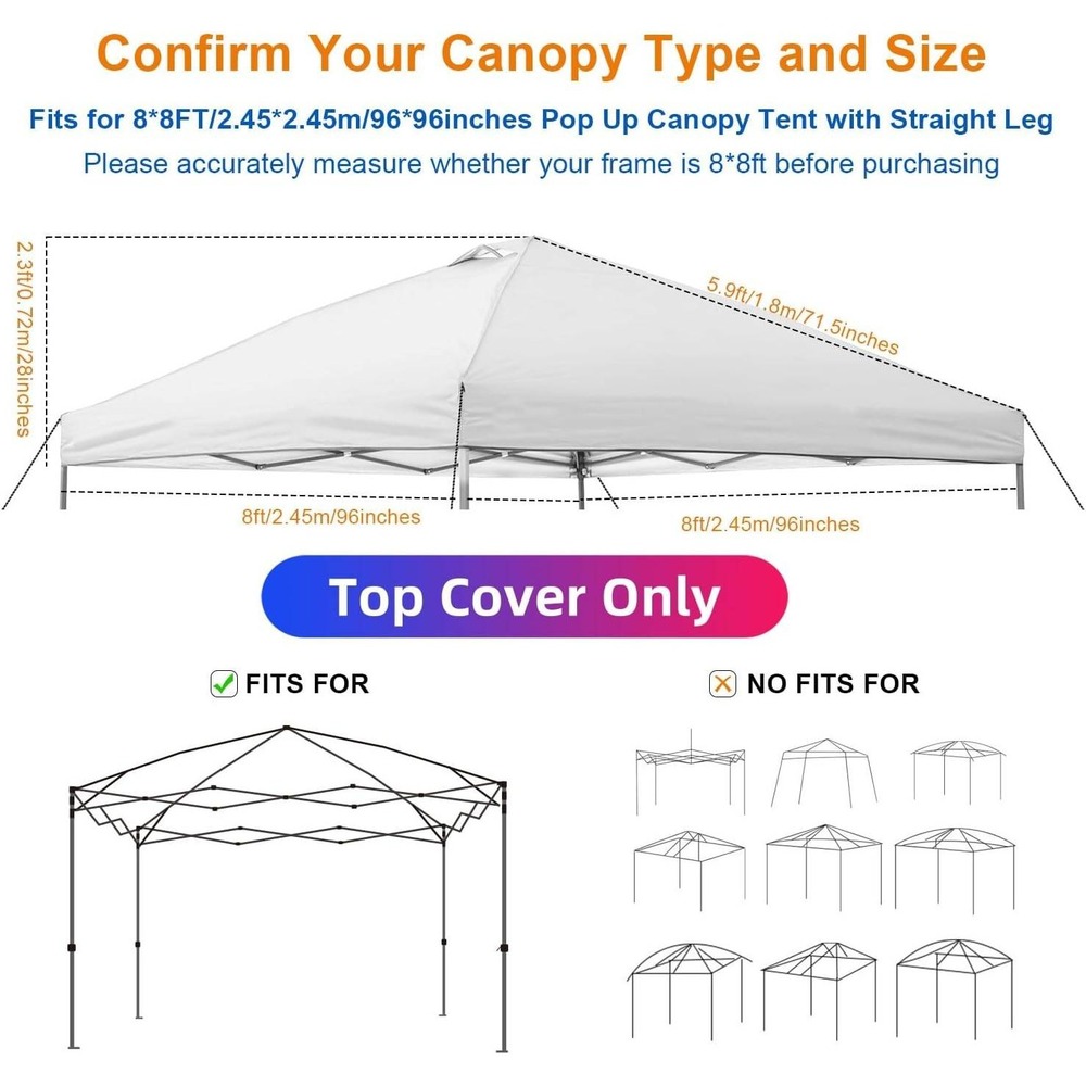 8x8 Replacement Canopy Top Cover Straight Leg Pop Up Tent UV Protection White